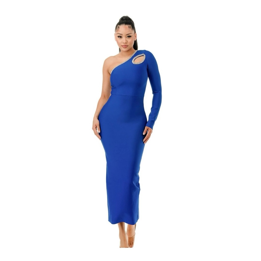 Royal Blue One-Shoulder Rhinestone Dress